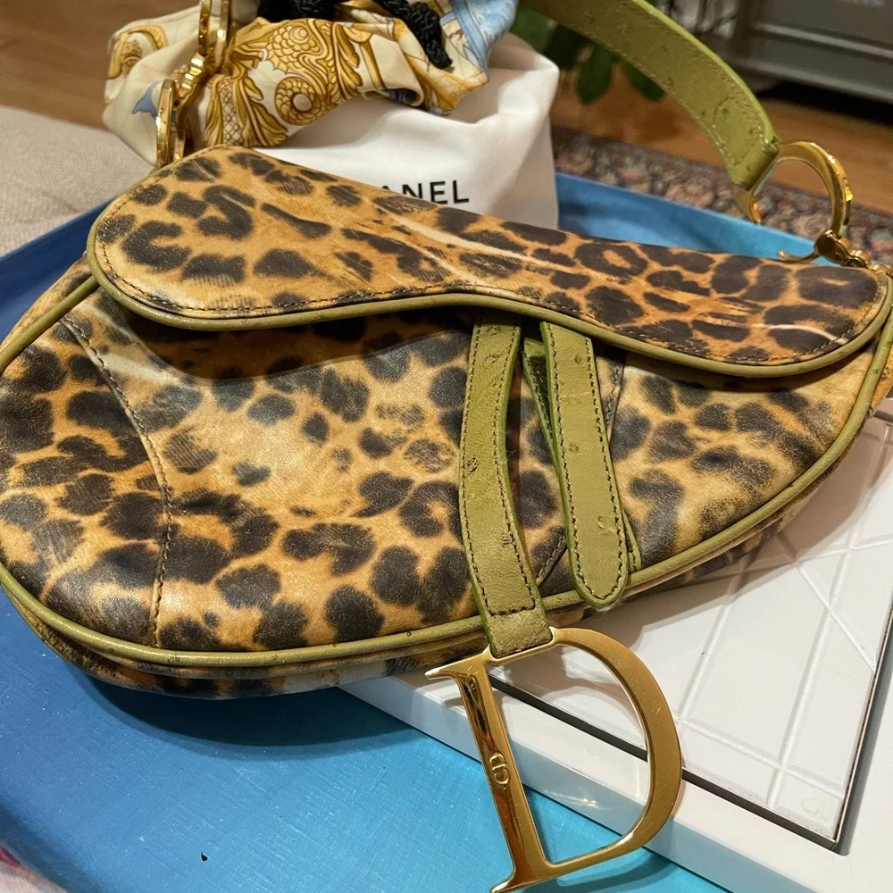 Dior Canvas & Ostrich Leather Leopard Print Saddle Bag - Picture 4 of 17